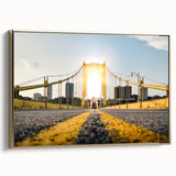 Framed canvas of Pittsburgh landscape in vintage style with a black and gold color palette, ideal for bedroom wall art.