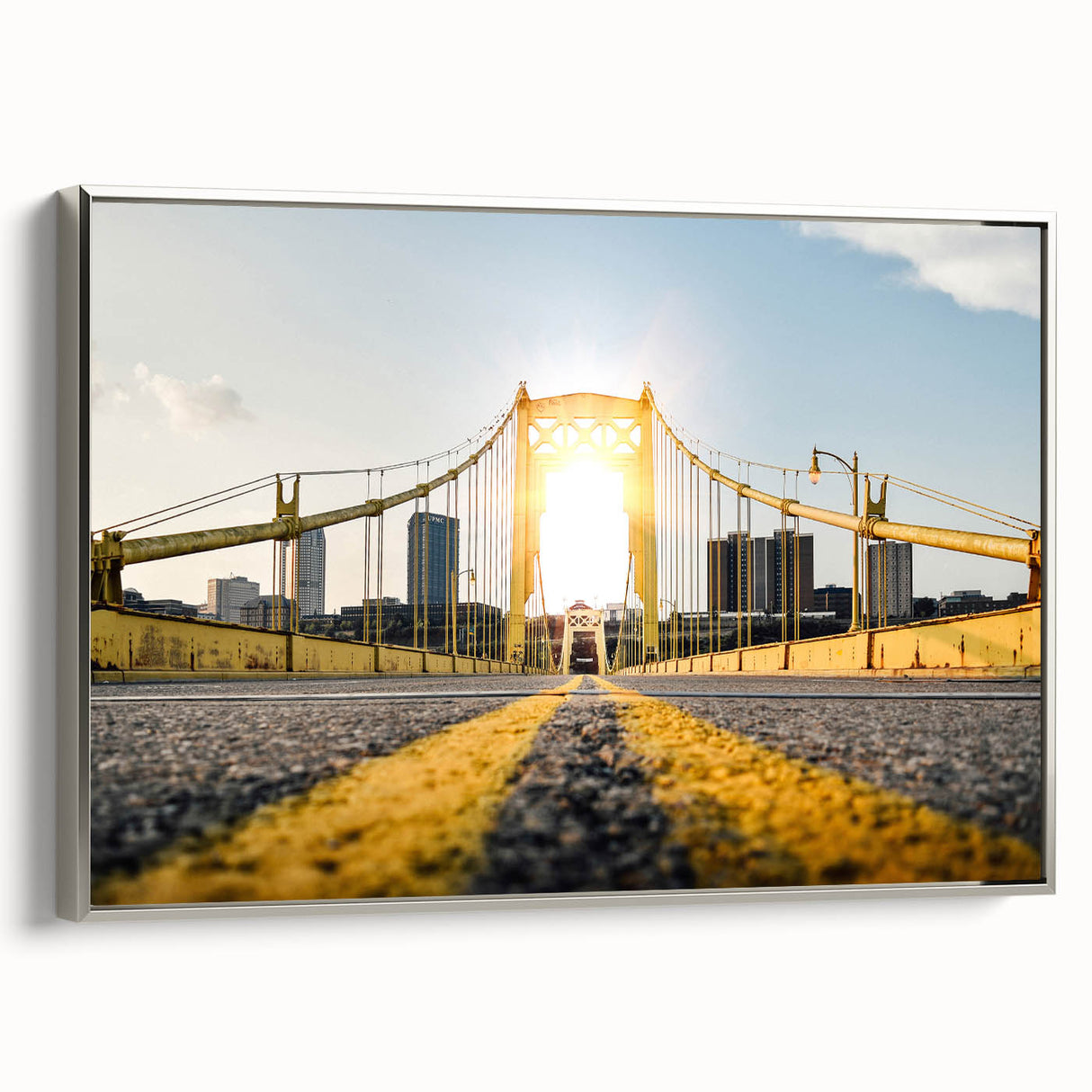 Framed canvas of a vintage Pittsburgh landscape painting featuring colorful art with prominent black tones.