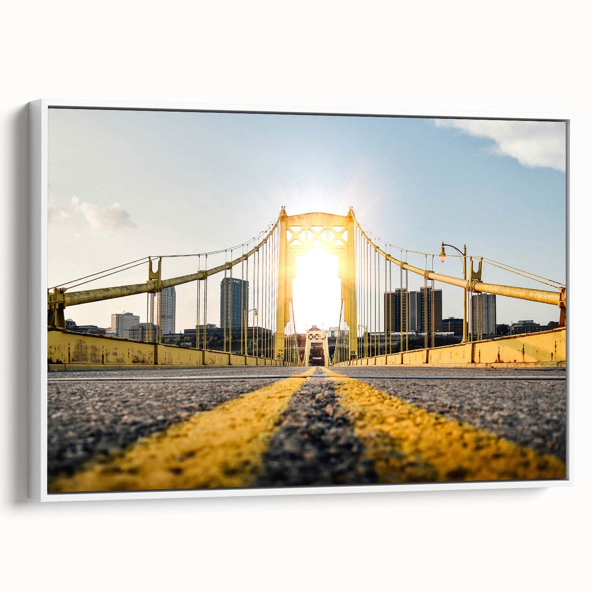 Vintage poster art of Pittsburgh skyline in colorful hues on extra large framed canvas, ideal for living room decor.