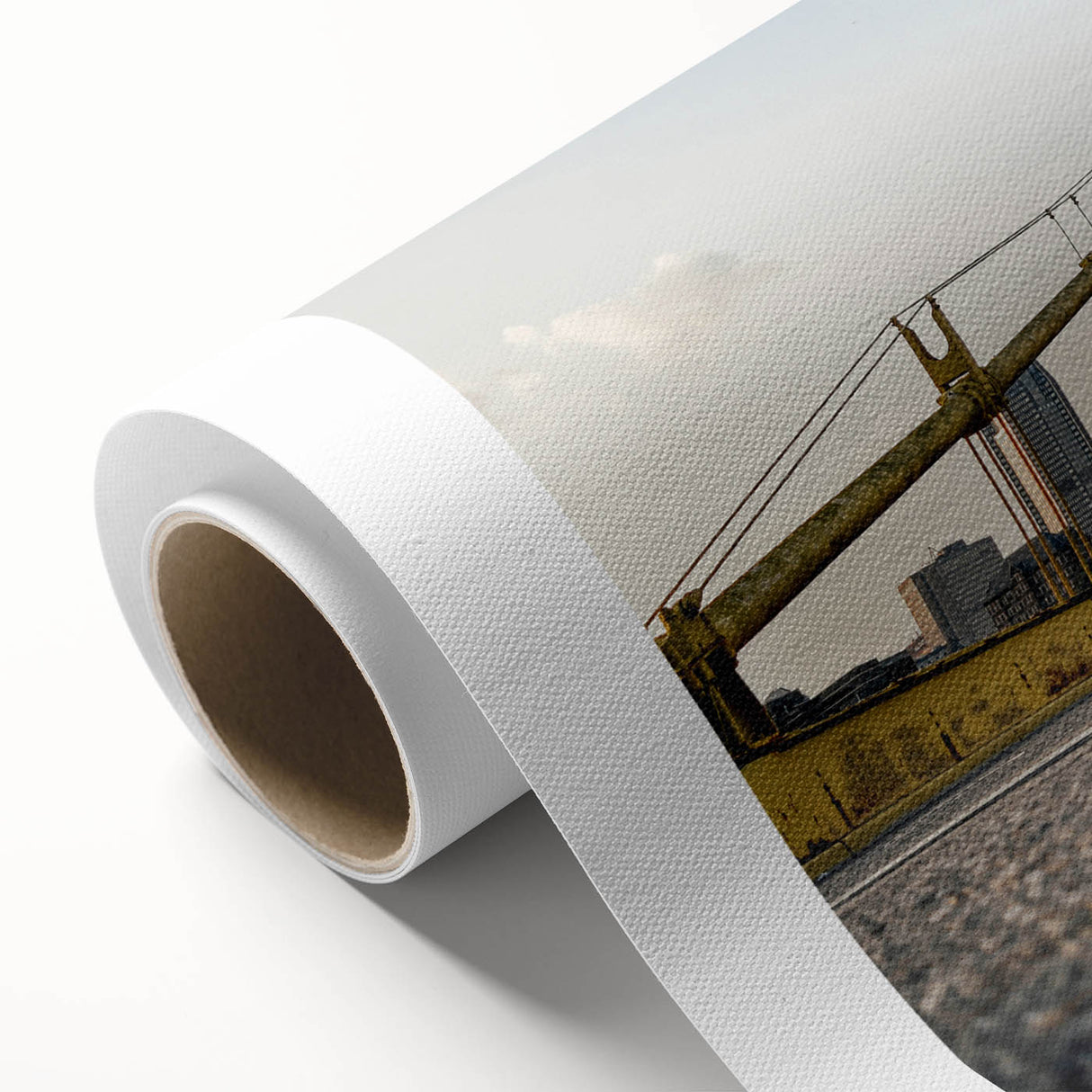 Art deco style poster of Pittsburgh skyline in pastel colors on rolled canvas, ideal for nursery wall art.