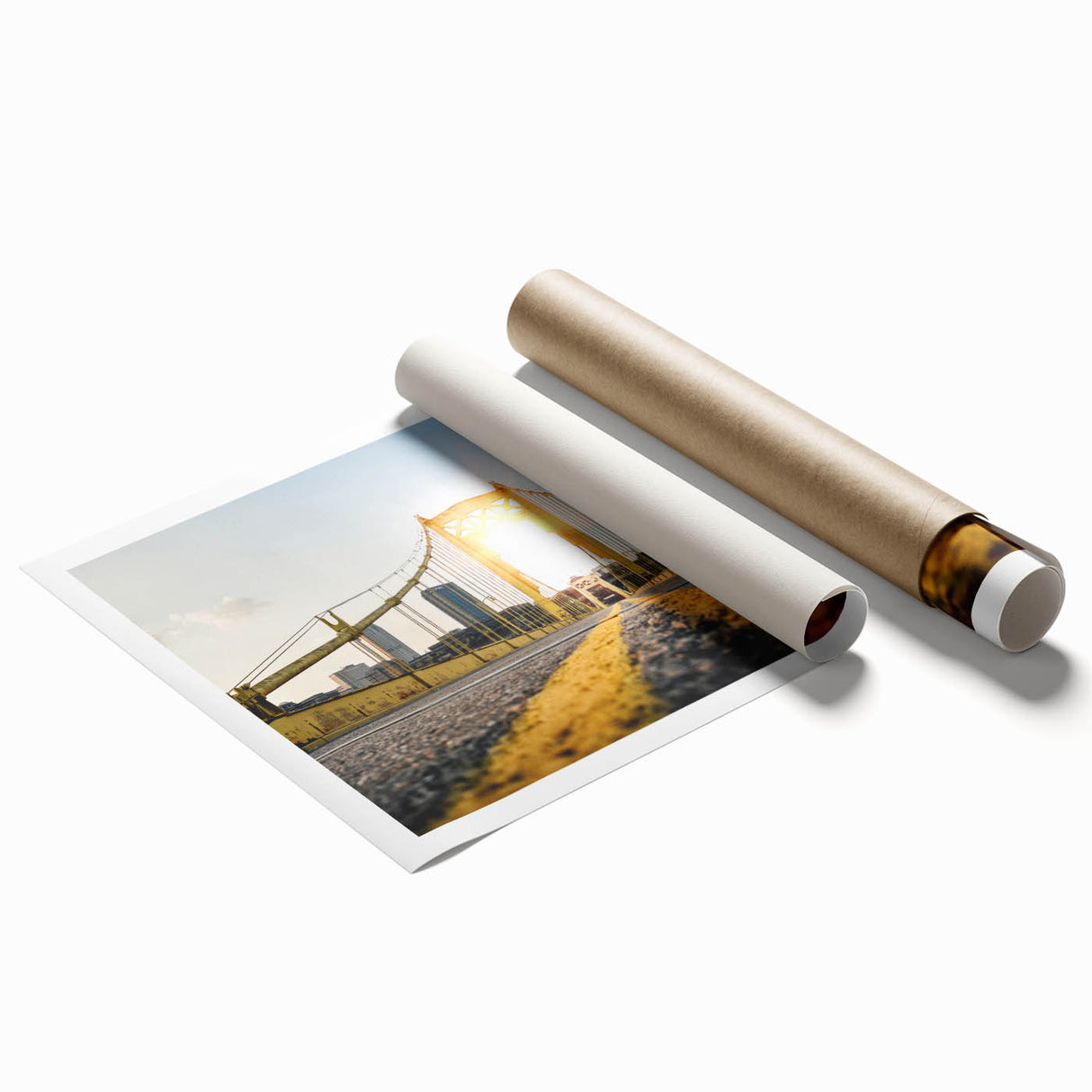 Rolled print of Pittsburgh scenery with floral accents in soft color tones, ideal for classy bathroom wall art.
