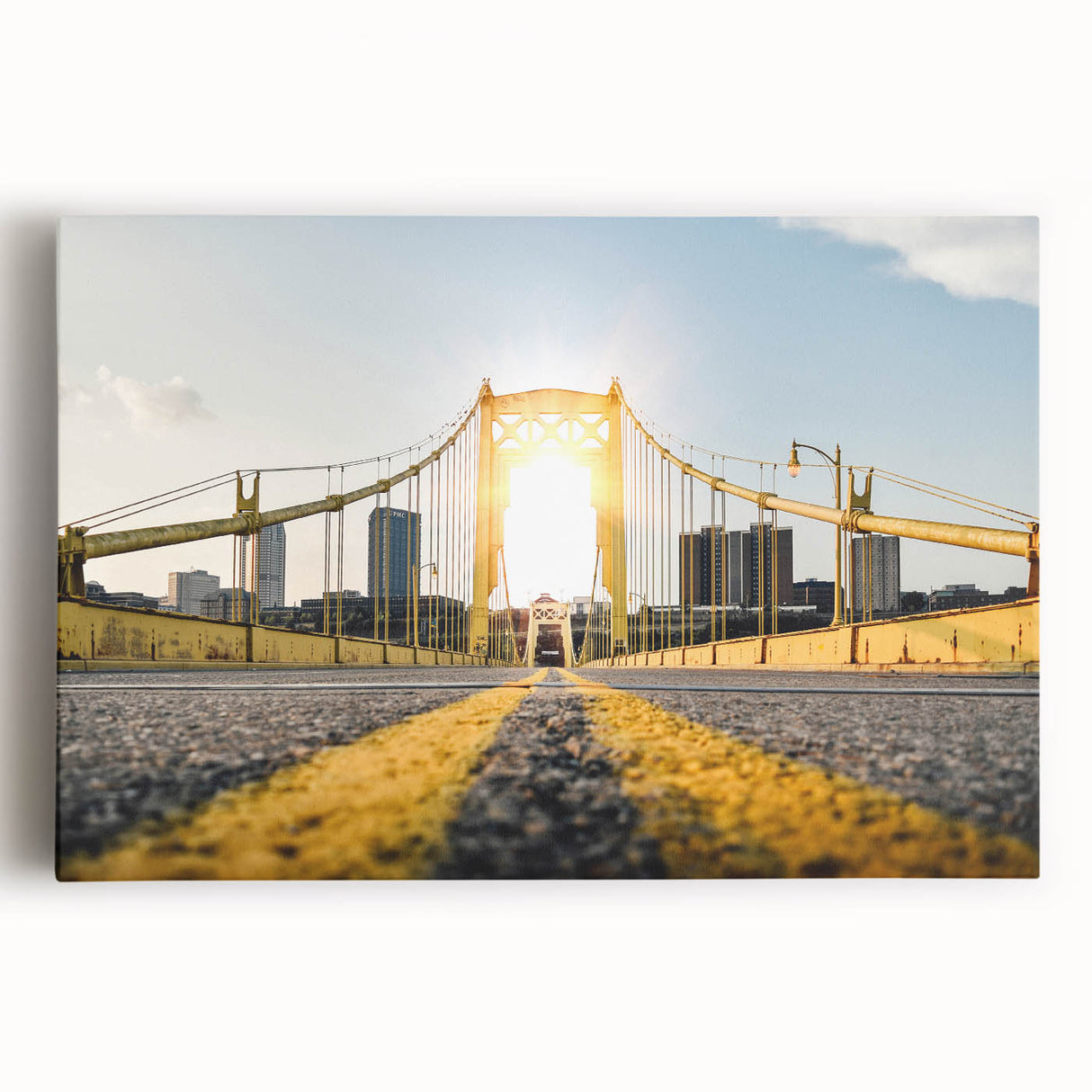 Black and white panoramic view of Pittsburgh skyline on stretched canvas, suitable for kitchen art.