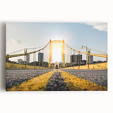 Black and white panoramic view of Pittsburgh skyline on stretched canvas, suitable for kitchen art.