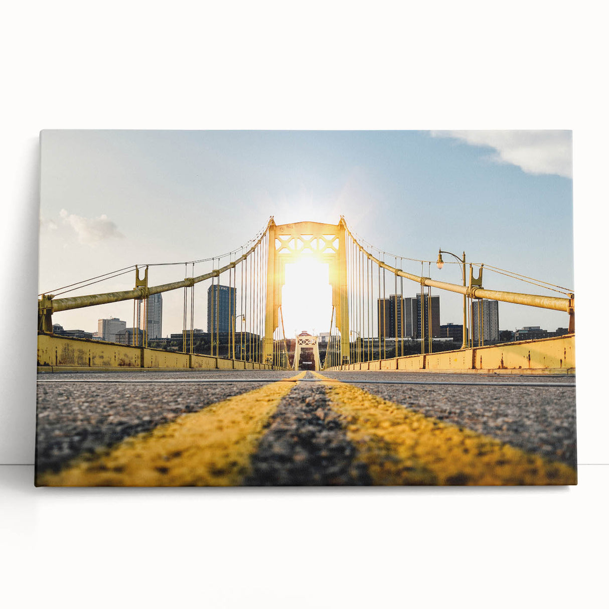 Black and white photo of Pittsburgh skyline on stretched canvas, suitable as kitchen wall art.