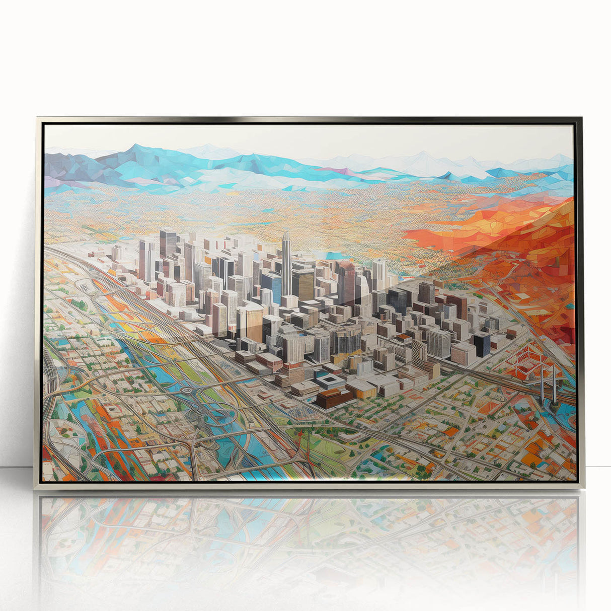 Mid-century modernist art depicting Phoenix Valley in muted earth tones on a framed acrylic print.