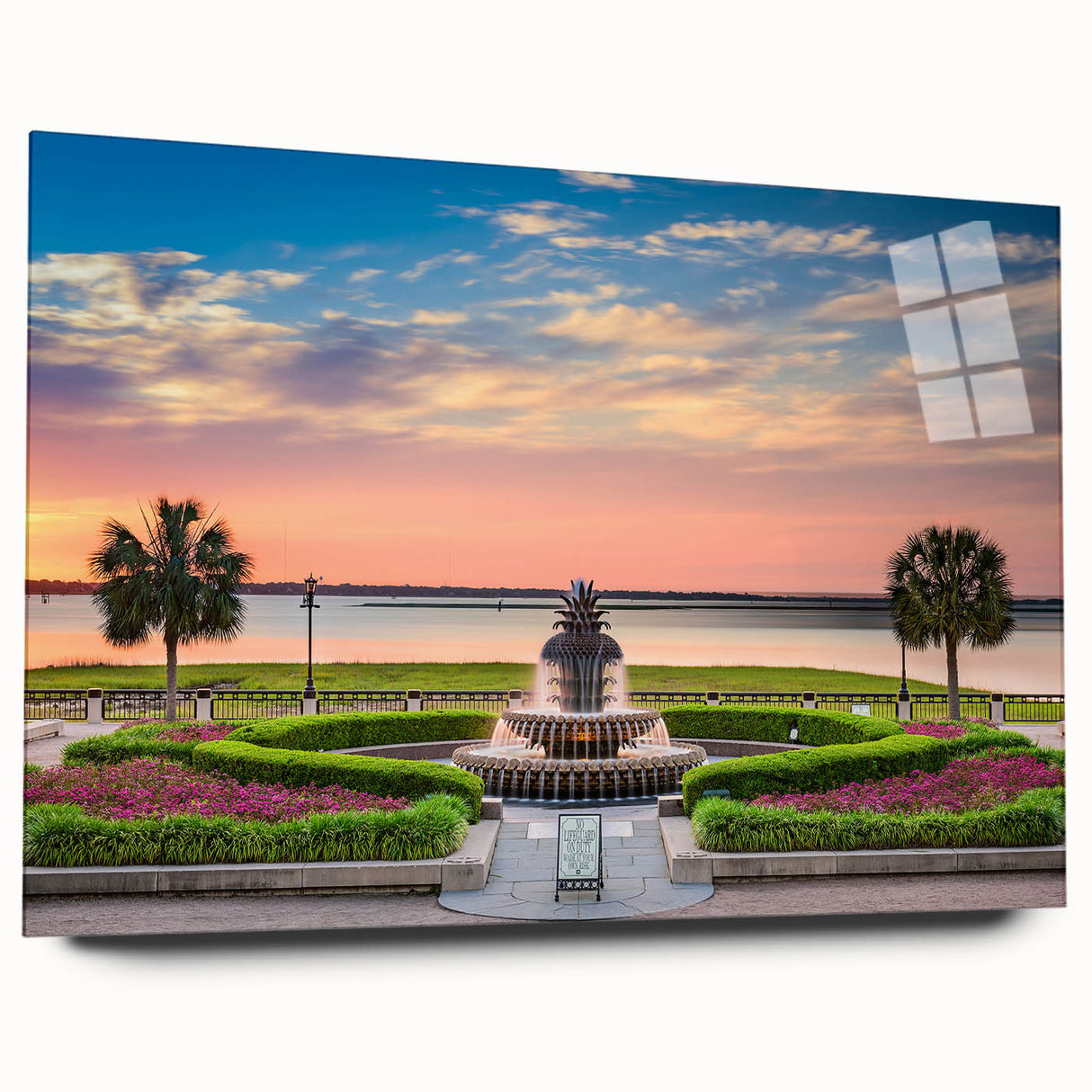 Large abstract wall art of Charleston scenery in muted greens and blues on acrylic glass.