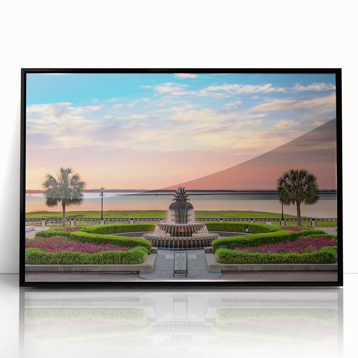 Large abstract wall art depicting Charleston, South Carolina, in vibrant colors on a black framed acrylic.