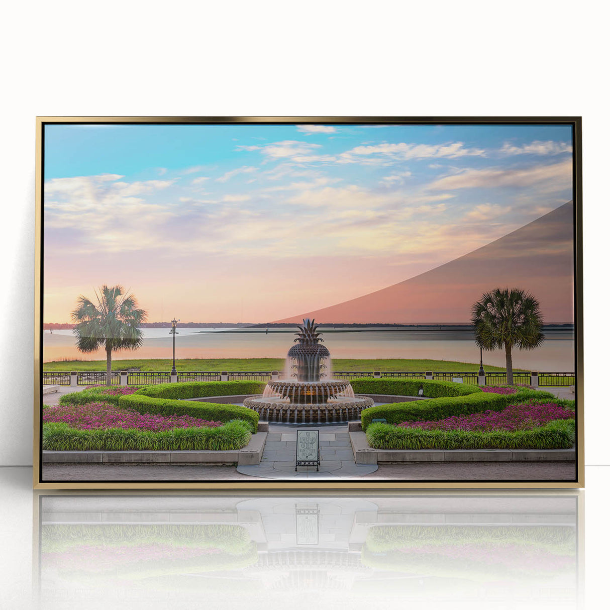 Acrylic print of Charleston scenery in gold frame, featuring mid-century modernist style, suitable for nursery wall art.