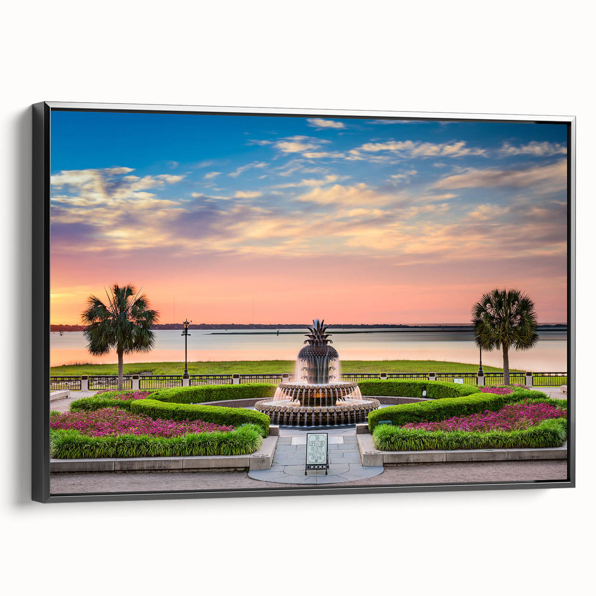 Black and white framed canvas of Charleston landscape, featuring vintage poster art style, suitable for bedroom decor.