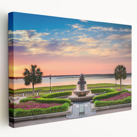 Side view of a stretched canvas depicting the Charleston, South Carolina skyline in muted watercolor tones.