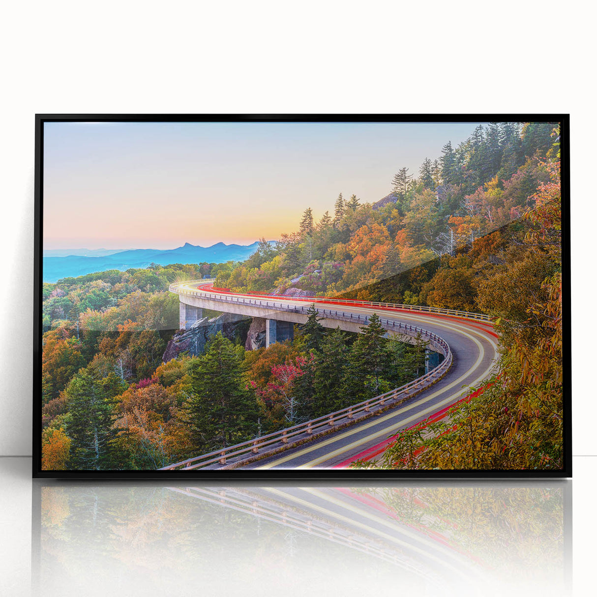 Large abstract wall art depicting a muted color palette South Carolina scenery, framed in black acrylic.