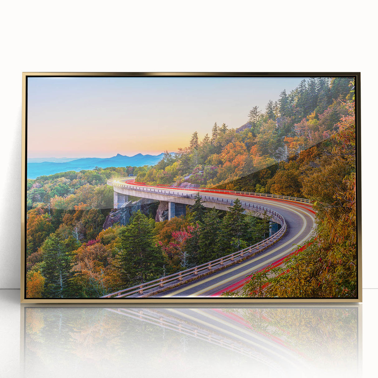 Large art print of a South Carolina landscape in mid-century modernist style, framed in acrylic with gold tones.