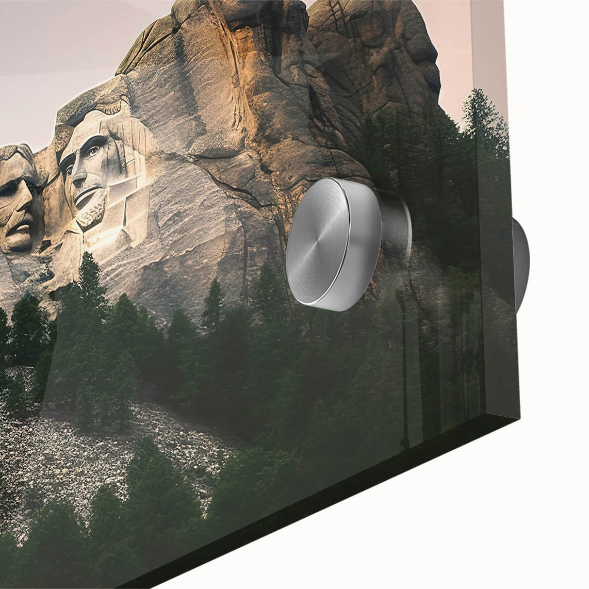 Acrylic print of Mt. Rushmore in muted earth tones, ideal for dining room art in a mid-century modernist style.