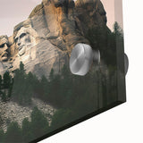 Acrylic print of Mt. Rushmore in muted earth tones, ideal for dining room art in a mid-century modernist style.