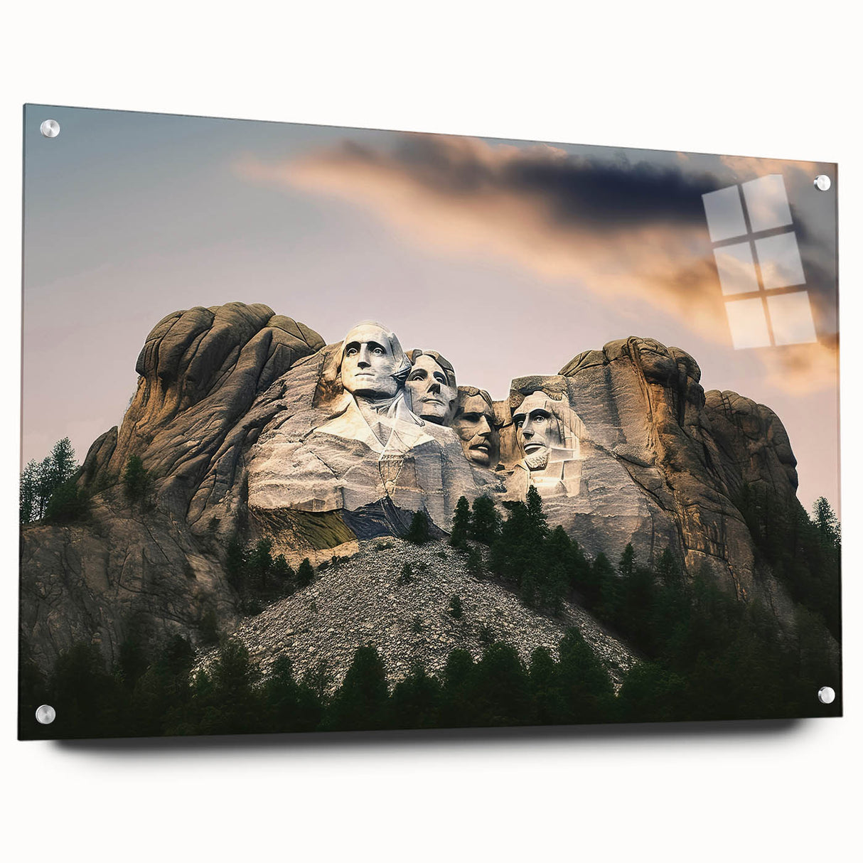 Acrylic print of Mt. Rushmore with soft pastel shades, suited for dining room decor.