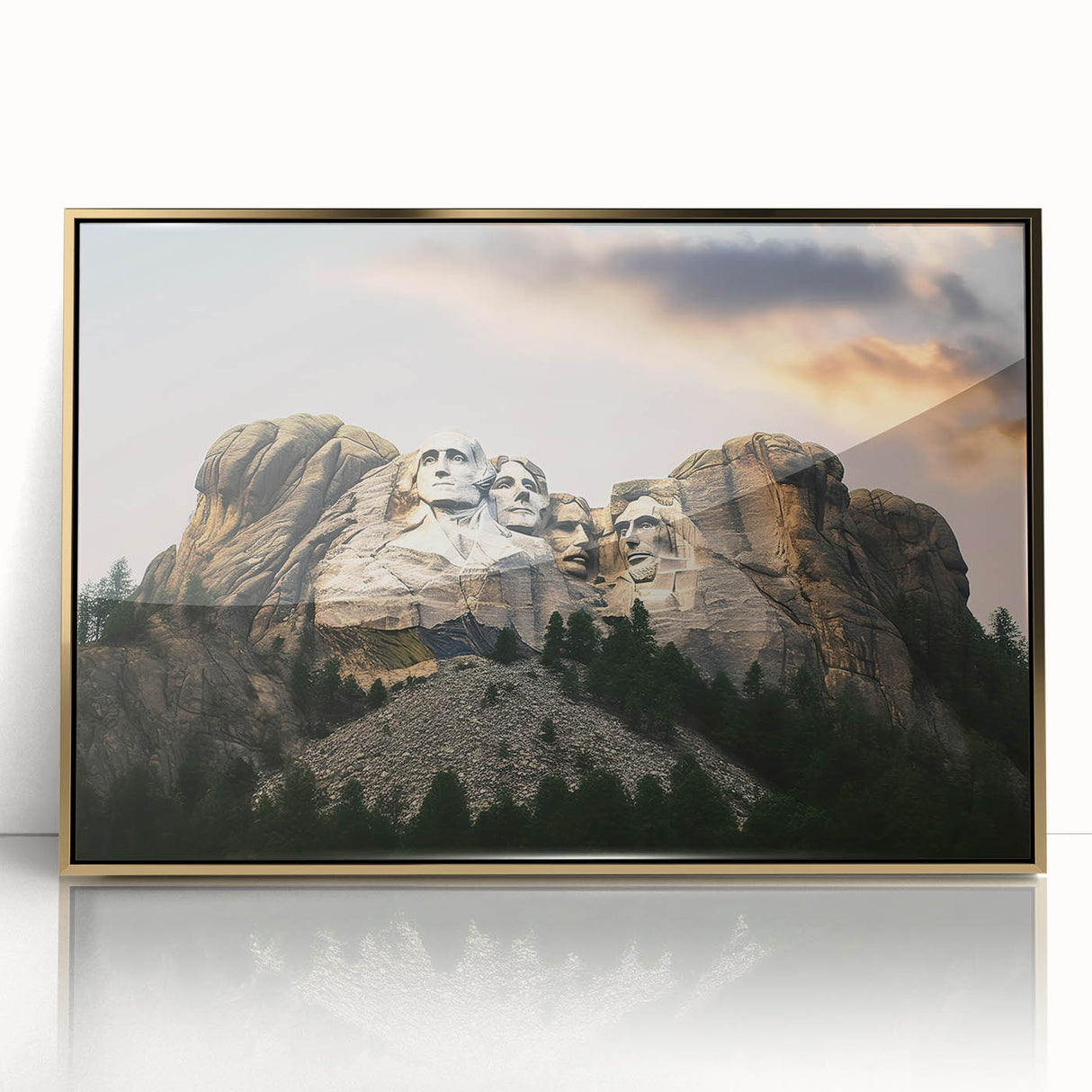 Acrylic print of Mt. Rushmore in muted earth tones, framed in gold, suitable for modern art wall decor.