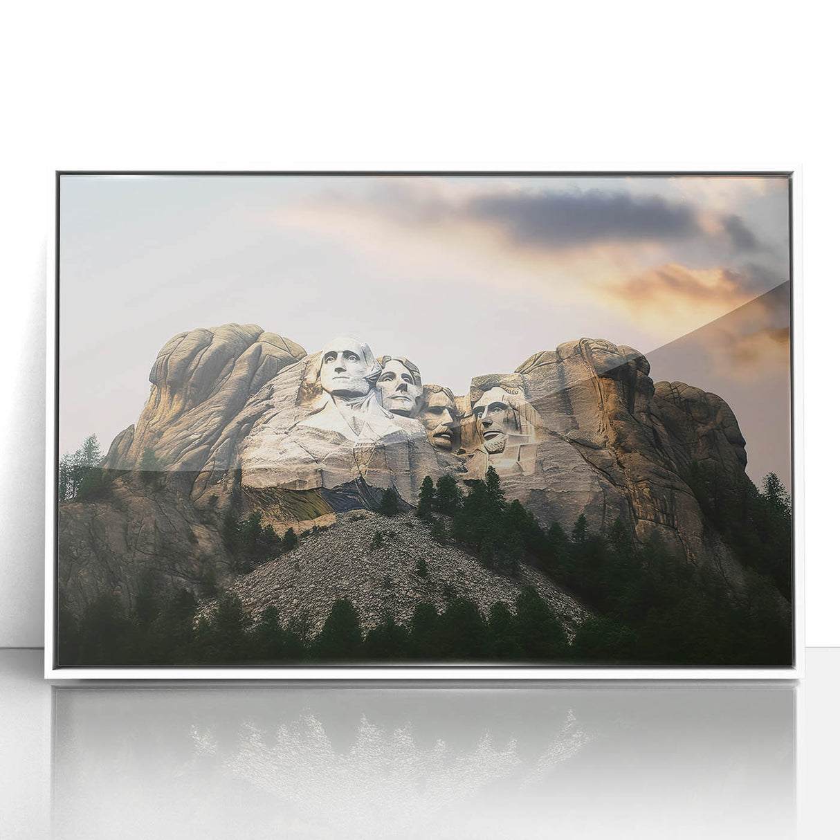 Acrylic print of Mt. Rushmore in muted colors, framed in white, suitable as modern art wall decor.
