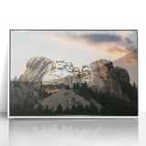 Acrylic print of Mt. Rushmore in muted colors, framed in white, suitable as modern art wall decor.
