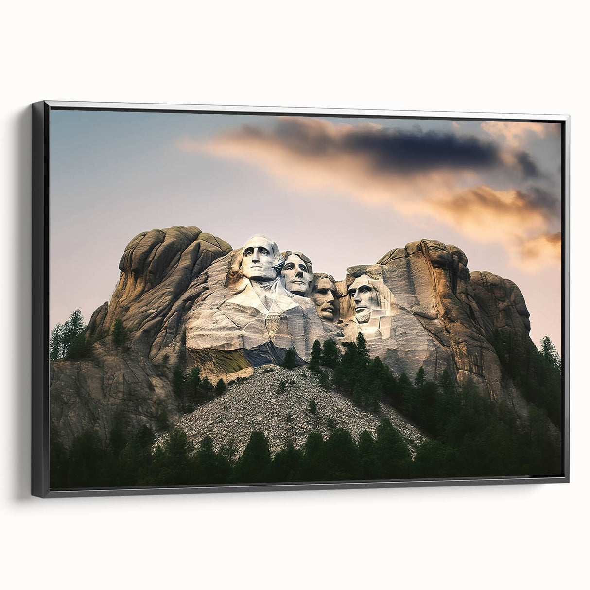 Black and white framed canvas of Mt. Rushmore, ideal for bedroom wall decor featuring vintage poster style.