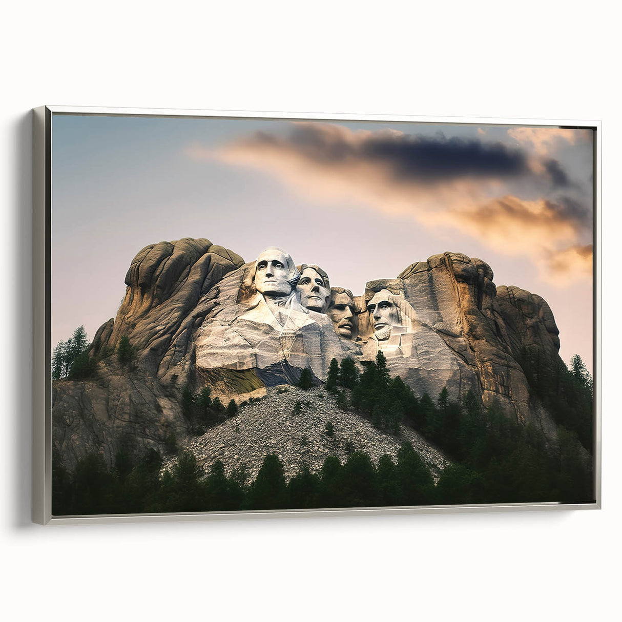 Framed canvas featuring a landscape art painting of Mt. Rushmore in muted earth tones, ideal for office decor.