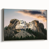 Framed canvas featuring a landscape art painting of Mt. Rushmore in muted earth tones, ideal for office decor.