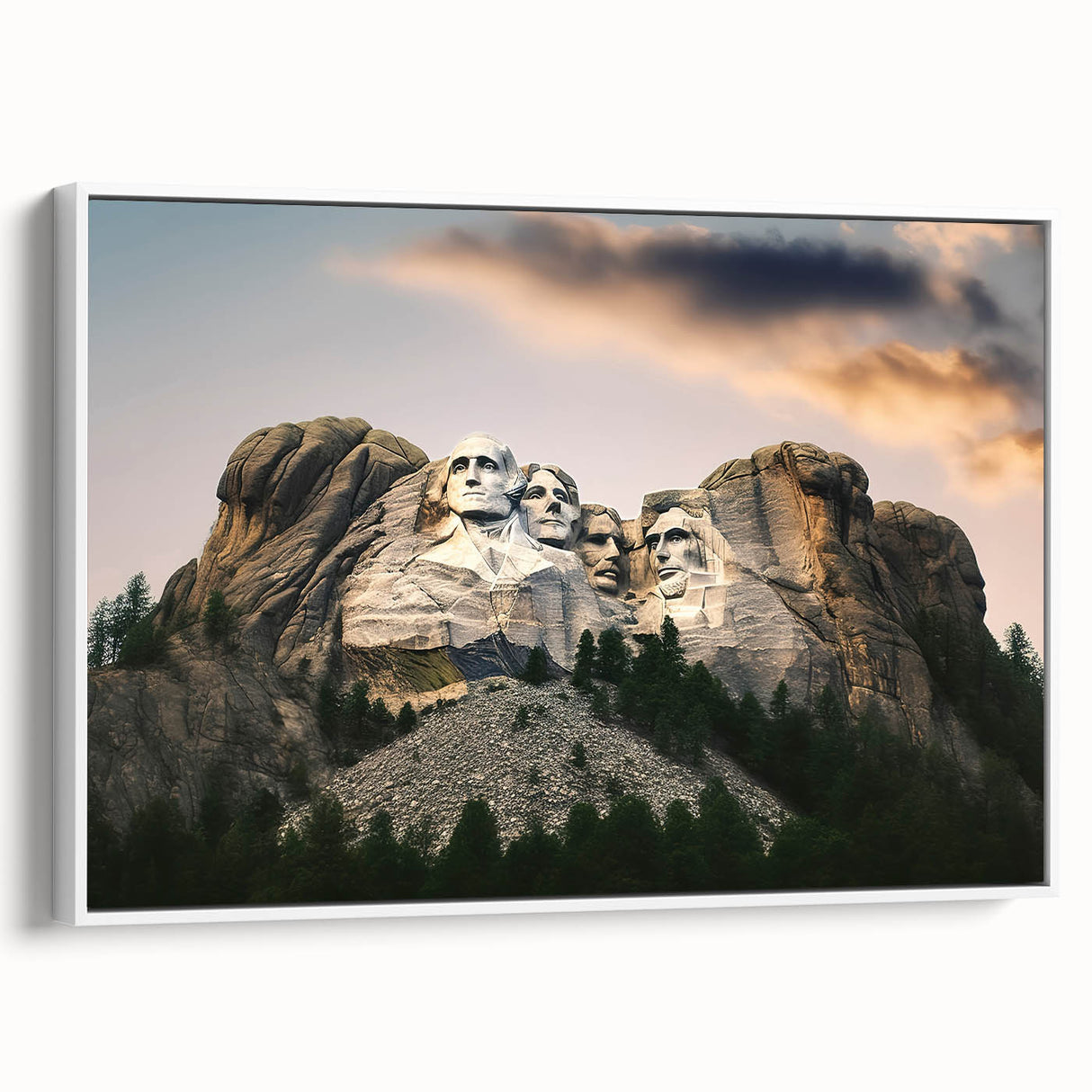 Vintage poster art of Mt. Rushmore in muted colors on a framed canvas, suitable for extra large living room wall.