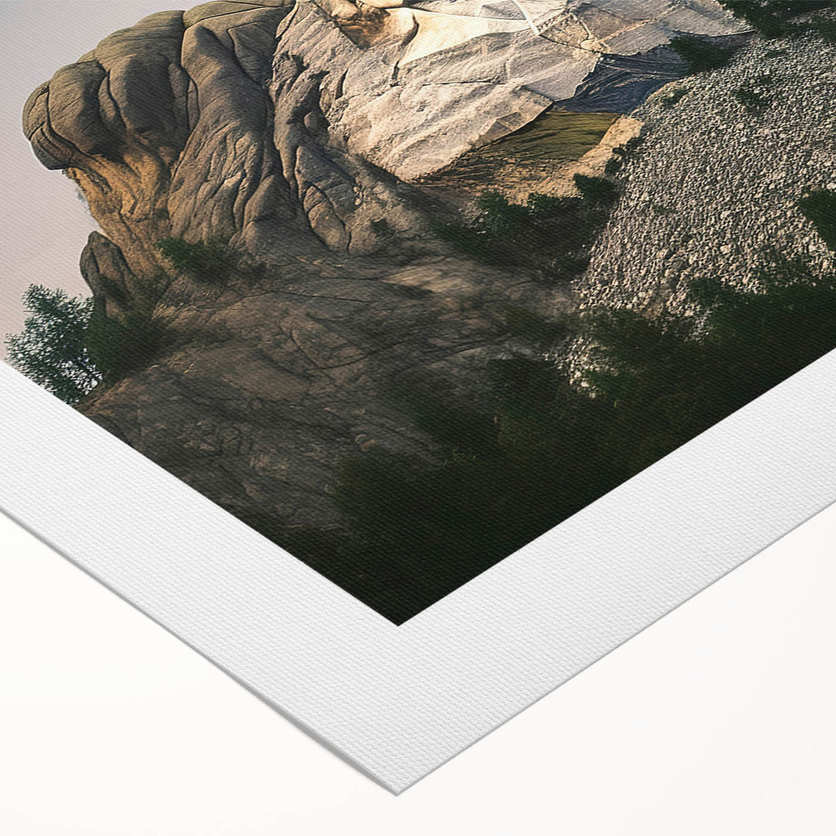 Art deco poster of Mt. Rushmore in muted earth tones on rolled canvas, suitable for dining room decor.