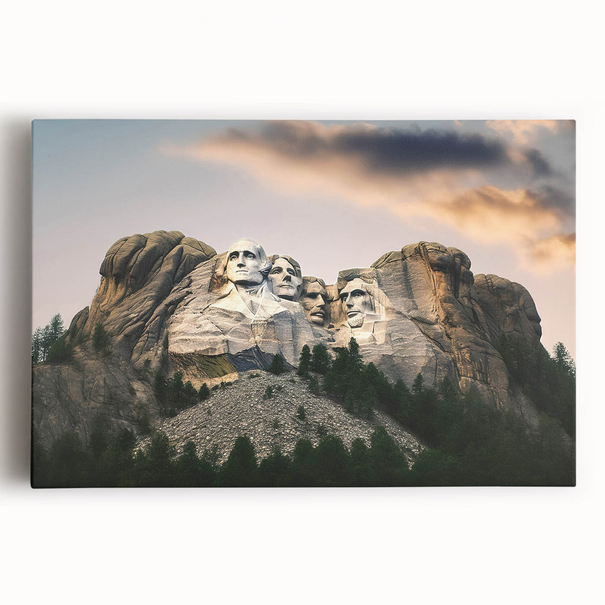 Black and white stretched canvas of Mt. Rushmore, ideal for kitchen wall art.