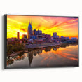 Framed canvas featuring a black and white vintage poster art of the Nashville skyline, ideal for bedroom wall decor.