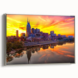 Framed canvas landscape art painting of Nashville, Tennessee in colorful, vintage poster style.