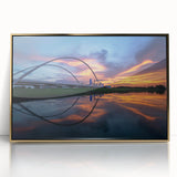 Large art print of Dallas skyline in gold and blue tones on framed acrylic, mid-century modernist style.