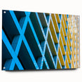 Abstract Houston skyline with vibrant blue and orange hues on acrylic glass, ideal for bedroom or dining room decor.