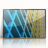 Framed acrylic print of Houston skyline with gold accents, in mid-century modernist style.
