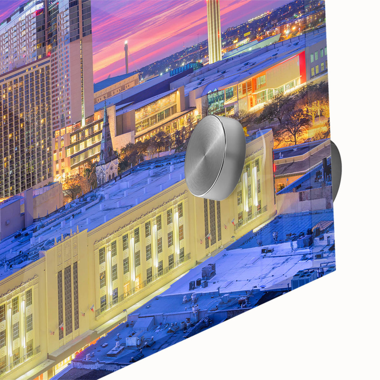 Large abstract wall art of San Antonio skyline in vibrant colors on acrylic glass, suitable for dining room ambiance.