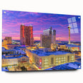 Acrylic print of San Antonio skyline in muted blues and grays, suitable for bedroom or dining room decor.