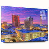 Acrylic print of San Antonio skyline in muted blues and grays, suitable for bedroom or dining room decor.