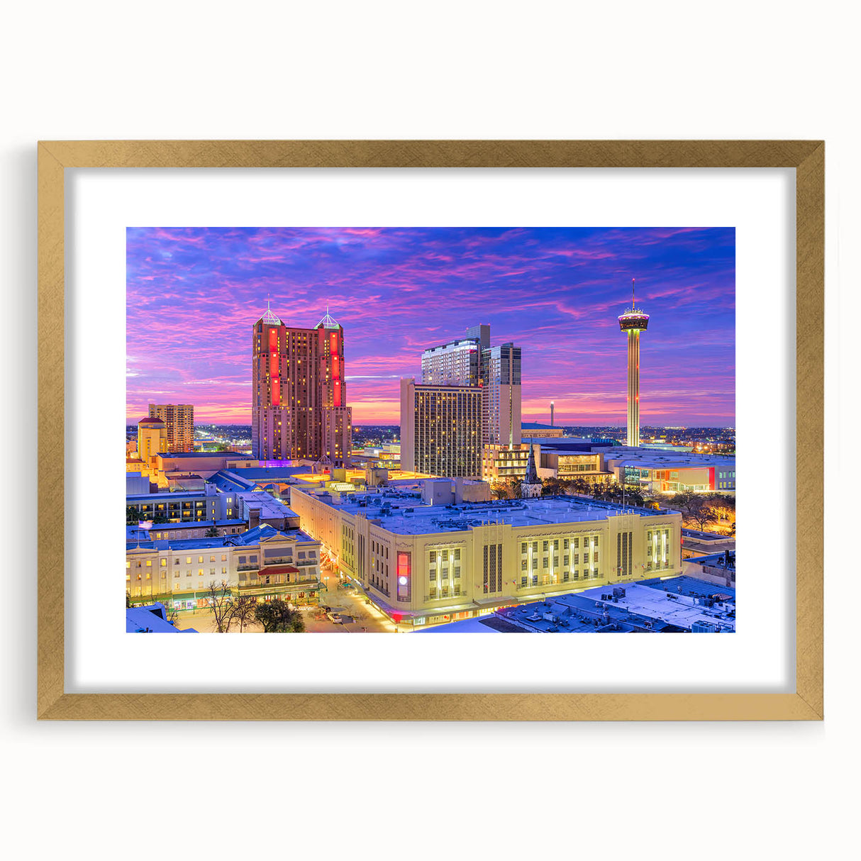 Extra large abstract art print of San Antonio skyline in muted earth tones, framed in gold, ideal for living room decor.