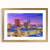 Extra large abstract art print of San Antonio skyline in muted earth tones, framed in gold, ideal for living room decor.