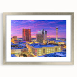 Textured abstract art print of San Antonio skyline in muted earth tones on a framed silver mat.