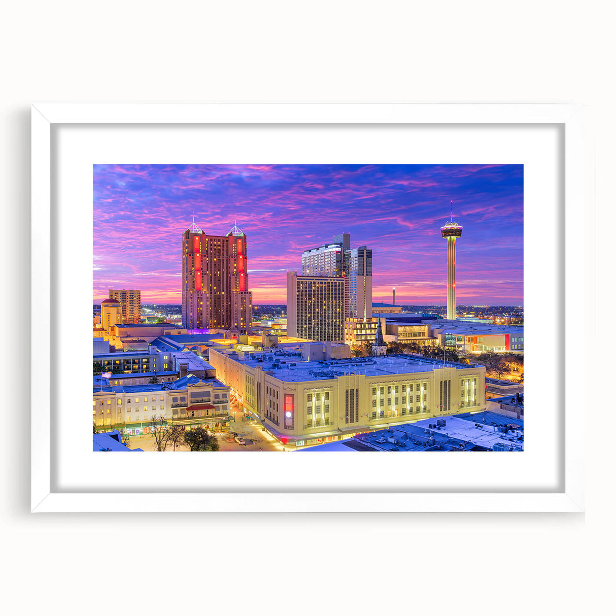 Abstract art print of San Antonio skyline in muted gray tones on a framed white mat, ideal for dining room decor.