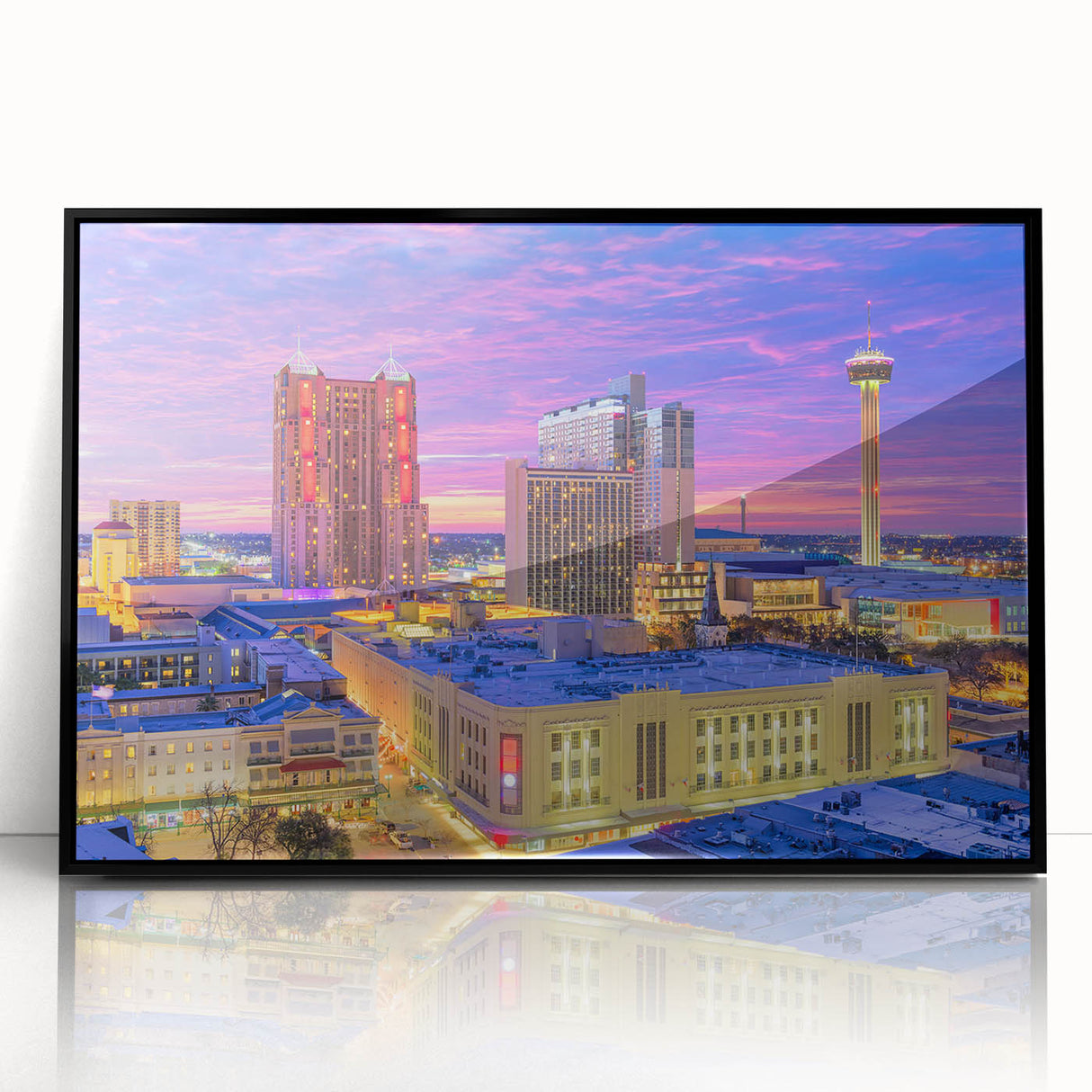 Large abstract wall art of San Antonio skyline in black and white tones on framed acrylic, suitable for modern decor.