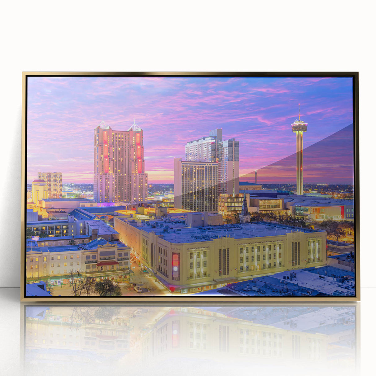 Acrylic print of San Antonio skyline in gold and blue tones, framed, mid-century modernist style.