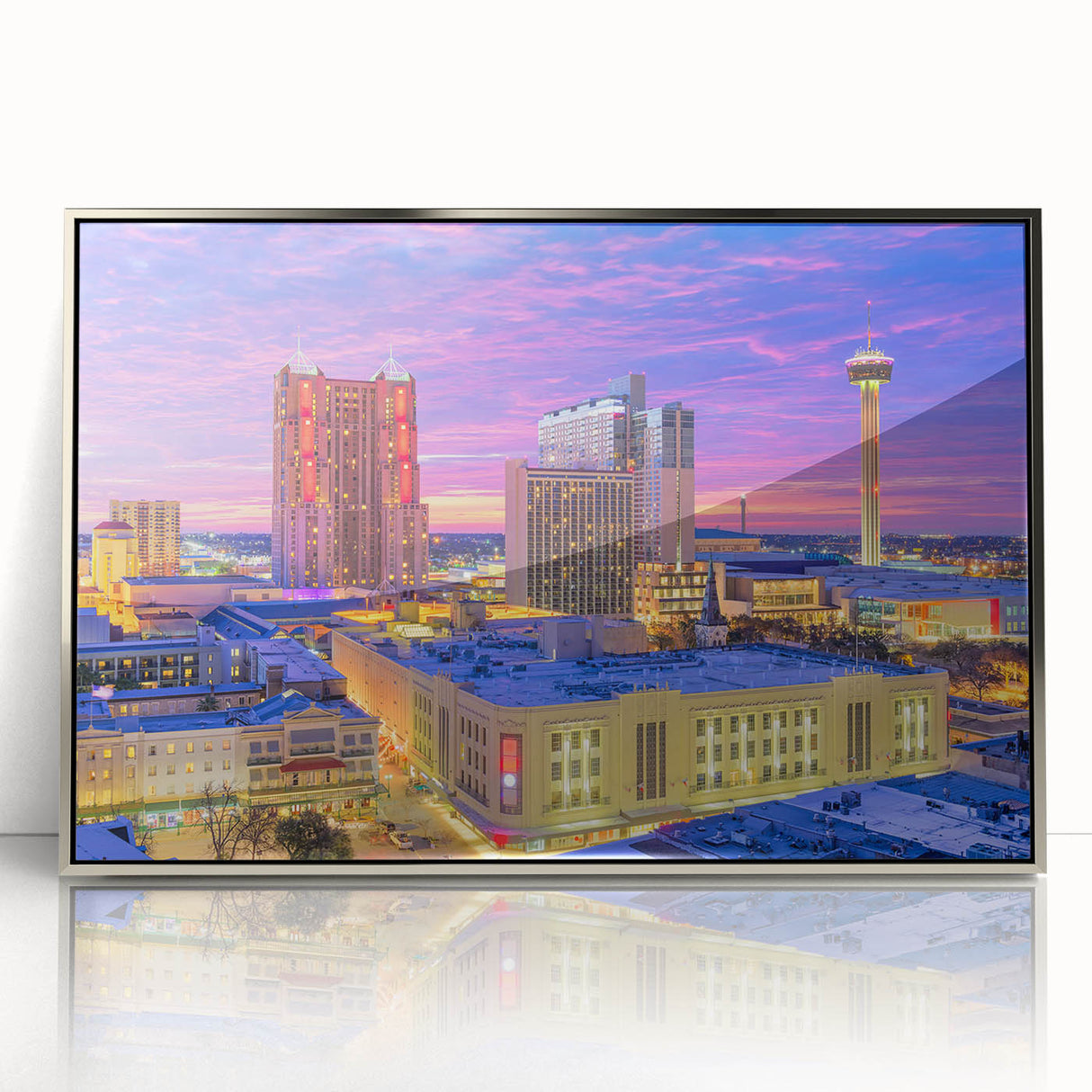 Mid-century modernist art depicting the San Antonio skyline in acrylic on a silver-framed canvas.