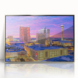 Mid-century modernist art depicting the San Antonio skyline in acrylic on a silver-framed canvas.