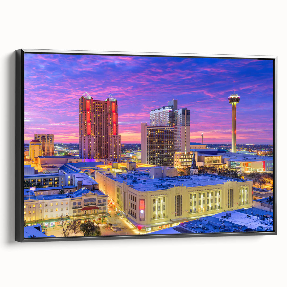 Black and white framed canvas of San Antonio landscape, ideal for bedroom wall art.