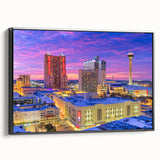 Black and white framed canvas of San Antonio landscape, ideal for bedroom wall art.