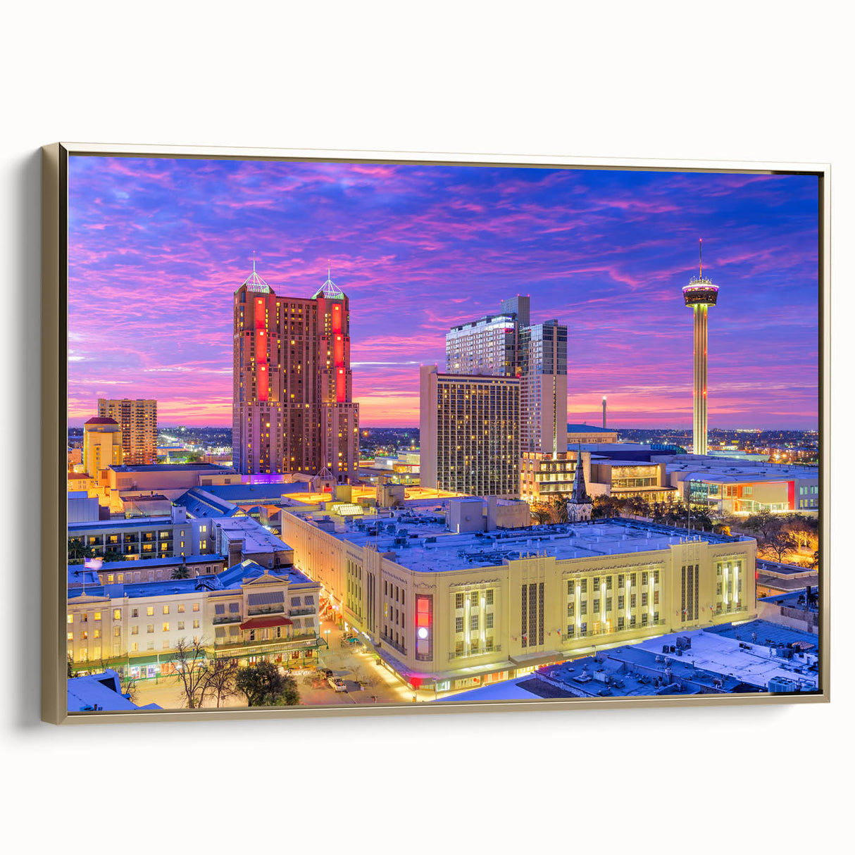 Landscape painting of San Antonio on framed canvas, featuring a vintage poster style with a predominantly black color scheme.