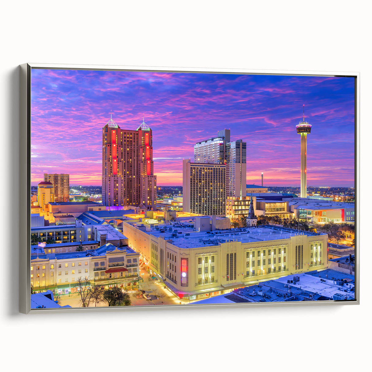 Landscape art painting of San Antonio on framed canvas, featuring colorful art in a vintage poster style.