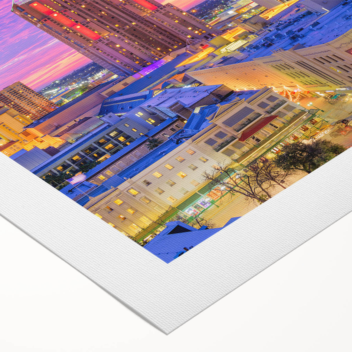 Art deco poster of San Antonio skyline in muted blues and grays on rolled canvas, suitable for dining room decor.