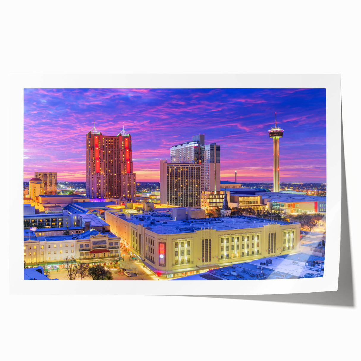 Rolled print of San Antonio scenery with floral motifs in pastel shades, suitable for dining room or bathroom wall art.